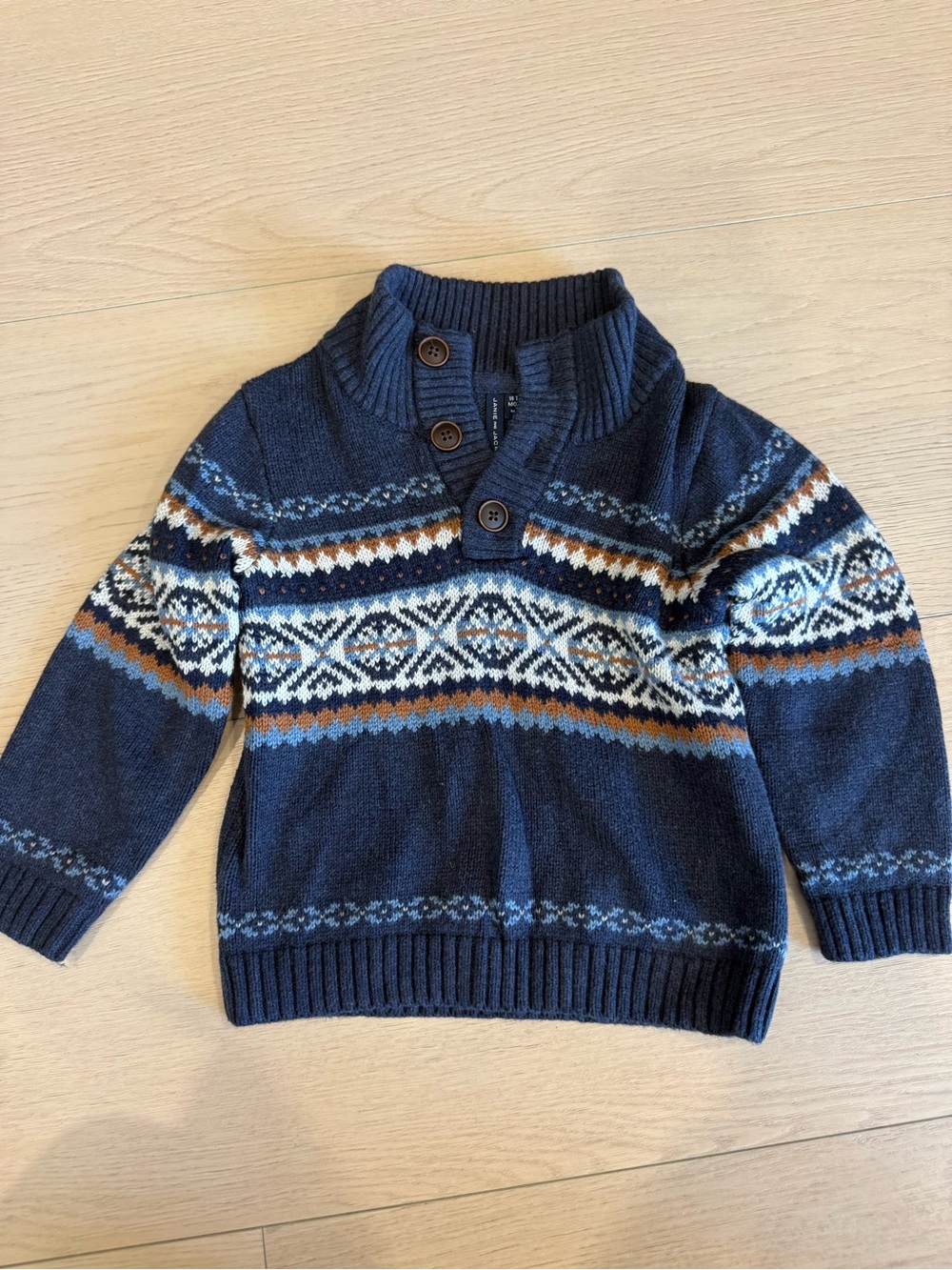 Janie and Jack Navy Fair Isle Shawl Collar Sweater with Buttons | 18-24 months